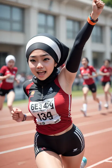 Create an energetic image of a Malay girl in hijab participating in a relay race, her teammates cheering her on as she sprints with determination