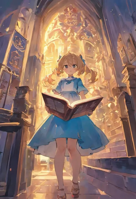 Desenhe uma menina de vestido azul e cabelo castanho, looking at a book he has in his hands and a light comes out of it. No fundo tem um quarto de dormir. The sun is setting on the horizon, Creating a magical environment full of possibilities. Realistic an...