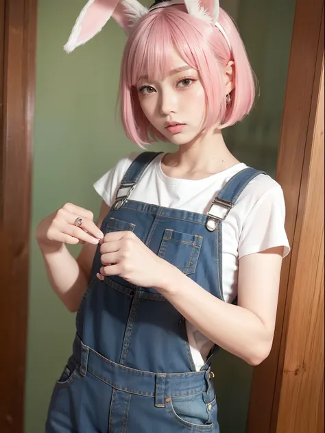 A refreshing morning、Jeans fabric overalls、Naked under overalls、Naked overalls、Pink hair、Realistic rabbit ears、rabbit ears pink hair sticking out of the head,,,,,,,,,,,,,、Bewitching atmosphere、Beautiful shaped hands、K-POP、Pink rabbit ears、1 girl in、独奏、​mas...