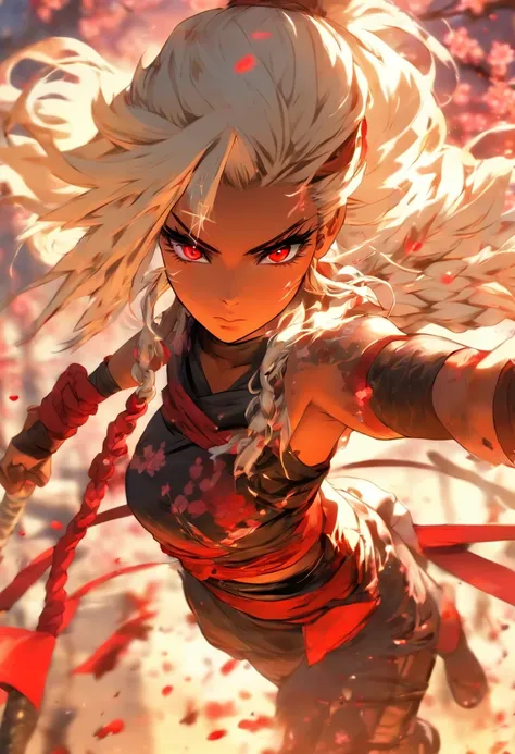 The most beautiful and sexy ninja warrior princess, long white hair, red eyes, dark skin, dark skin, beautiful and highly detailed battle armor, tattoos and piercings, blood splattered, cherry blossoms blowing in the wind , sengoku period, perfect masterpi...