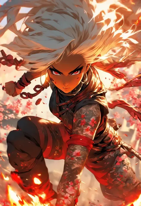 The most beautiful and sexy ninja warrior princess, long white hair, red eyes, dark skin, dark skin, beautiful and highly detailed battle armor, tattoos and piercings, blood splattered, cherry blossoms blowing in the wind , sengoku period, perfect masterpi...