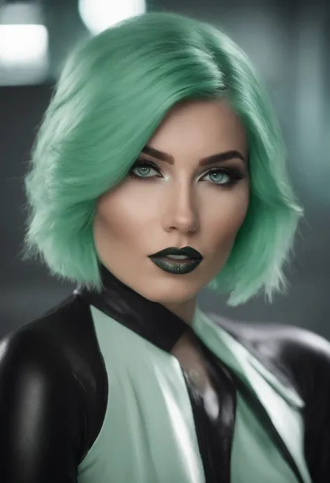 bobcut, mint hair, pov, color: white/green, face retouch, skin-chrome, detailed, cyber-augmented, artistic, scientist, hypnotist, sexy, full body, hypnotist, model, athletic  trainer,