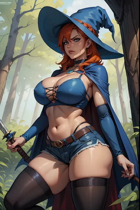 Obra-prima, melhor qualidade, Angry female witch in the forest with arms crossed wearing a blue pointed hat and orange hair and a blue cape and blue cape(sword_swallowing_position), 1girl, huge breasts, 1boy,choker, hetero,white short shorts,crop top,thigh...