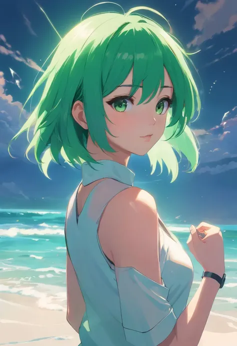 bobcut, mint hair, pov, color: white/green, face retouch, skin-chrome, detailed, cyber-augmented, artistic, scientist, hypnotist, sexy, full body, hypnotist, model, athletic  trainer,