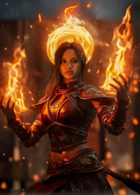 a woman in armor holding a fireball in her hands, Ela tem poderes de fogo, aparece como a deusa do fogo, the sorceress casting a fireball, mago de fogo, flame conjuring armored, holy flame spell, casting fire spell, deusa do fogo quente, deusa do fogo, A R...