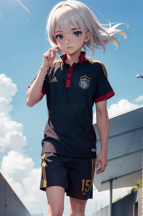 menino anime,(masculino), uniforme de futebol, longos cabelos loiros