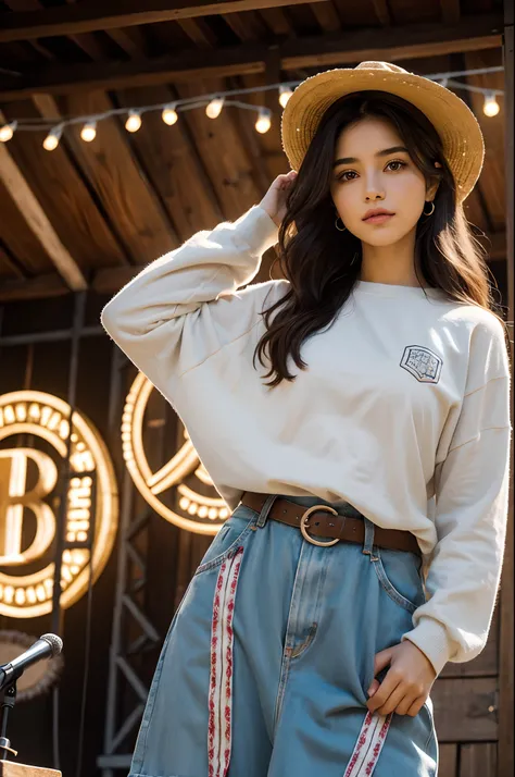 Hermosa joven morena con rulos, argentina, Standing on stage at a folk recital, Llevar una remera sin mangas con tirantes con el texto "Folclore Anuritay" impreso, Clothes in rustic colors, vaqueros, hipy, in front of camera, realista, Detalles de gran int...