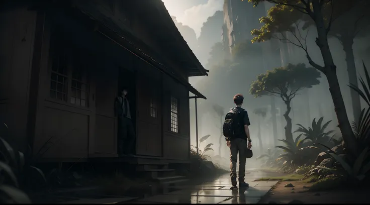 Hunted mention, a boy standing front of hunted mention with bagpack, dark, YouTube thumbnail, one boy, hunted house, dark moody, realistic, 4k,render,house in middle of the jungle, horror