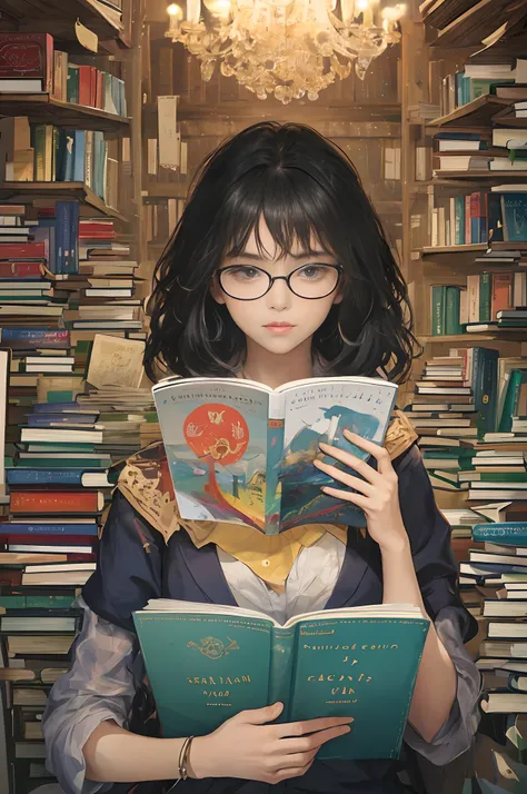 trippy art，A 40-year-old teacher, Teacher, Wearing glasses, (Surrounded by a dozen books:1.4), upper body lens，the sea，wave，knowledge，book