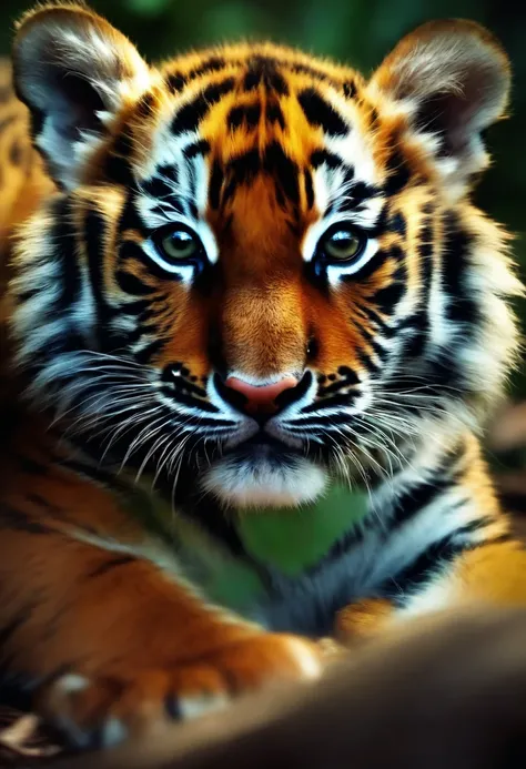 Create for me a tiger cub with colorful magical effects circling it, hes in a magical forest, o filhote de tigre tem detalhes coloridos