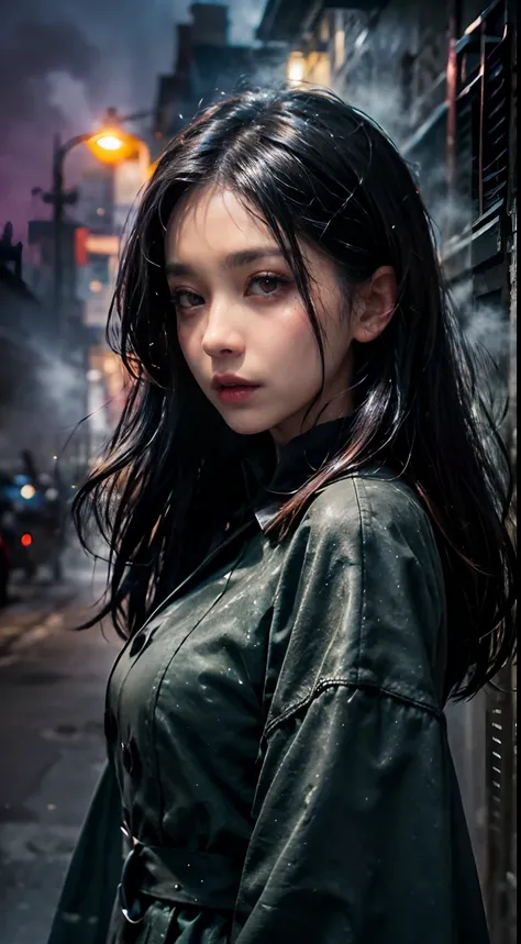 Horror theme, underworld theme, dark element,portrait, realistic high quality masterpiece, (beautiful) Japanese female,sad face, detailed face, age 27, symmetrical eyes,symmetrical face,subtle vampire fangs, violet eyes, wavy long black hair, walking down ...