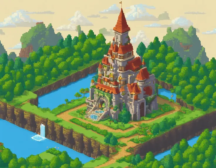 (64 bit pixel art),A game scene of a elven kingdom, green banner, white castle, water fountain, medival fantasy, cloudy sky, pixel art, game loading scene, pixel game, medival house, best quality, masterpiece, trending on Art station, extremely detailed