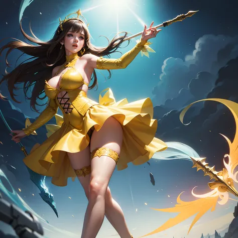 Model majicMIX brunette (( solo )) with face and body, like Jodie Gasson , Dressed in a yellow fairy dress , stands in full growth , Her shoes and breasts are visible , She has a long magic staff in her hand , Front light.