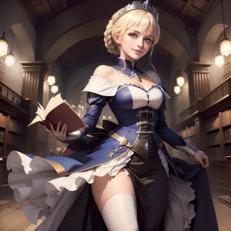 (masterpiece:1.4), (best quality:1.4), realistic, 1girl, artoria pendragon (fate), dress, library, smile