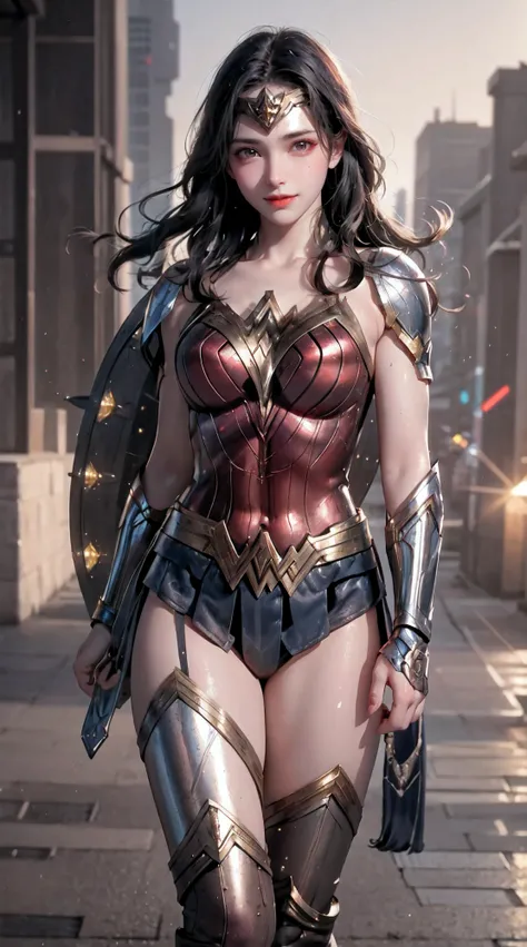 best quality, 1girl, solo, wonder woman, breasts, shiny skin, looking at viewer, cowboy shot, black hair, brown eyes, cityscape, blurry background, dynamic pose, night,hold a shield, wet,