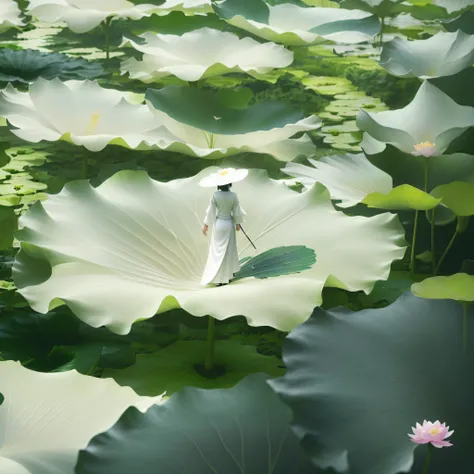 Alphard stood in a tree-lined field, standing on a lotus, surreal waiizi flowers, standing gracefully upon a lotus, on a planet of lush foliage, sitting on a lotus flower, Beautiful digital artwork, in the middle of nature, author：Cheng Jiasui, very surrea...