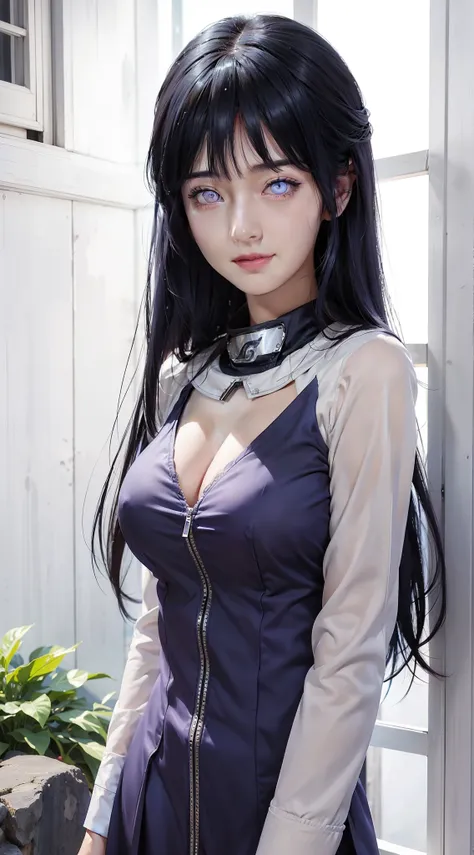 1girl, hyuga hinata in anime naruto, long hair, dark blue hair, white eyes, smile, beautiful, sexy dress, sexy clothes, purple and white clothes, very big breast, realistic clothes, detail clothes, outdoor background, ultra detail, realistic