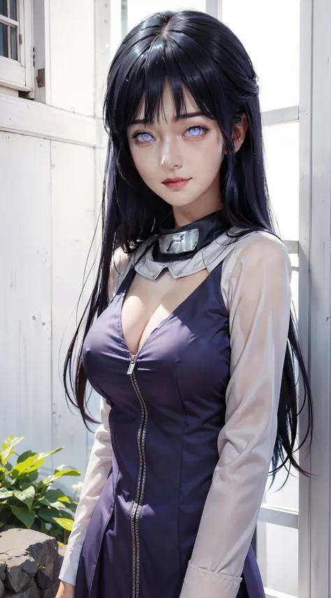 1girl, hyuga hinata in anime naruto, long hair, dark blue hair, white eyes, smile, beautiful, sexy dress, sexy clothes, purple and white clothes, very big breast, realistic clothes, detail clothes, outdoor background, ultra detail, realistic