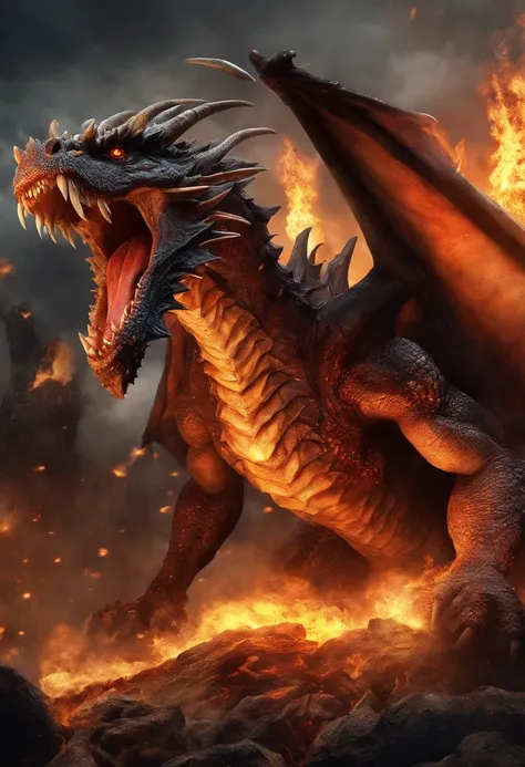 Create an inper-realistic image of a great dragon in the middle of hell, its mouth open spewing lavas burning its eyes and ears throwing flames into its mouth.