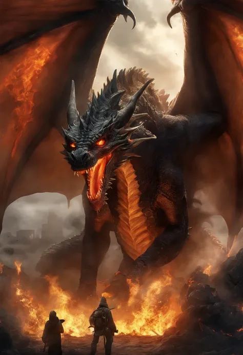 Create an inper-realistic image of a great dragon in the middle of hell, its mouth open spewing lavas burning its eyes and ears throwing flames into its mouth.