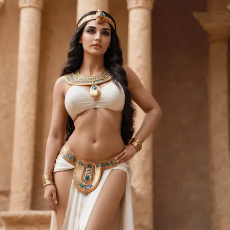 ancient egyptian statue for a beautiful woman, whom age is 21 years old , big boobs , statue for a perfect body woman , statue of girl legs are beautiful , full detailed picture , 8k , full body , statue is located in temple