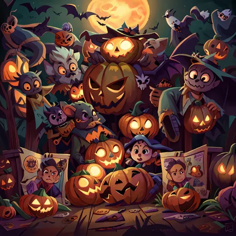 There is a Halloween scene，Pumpkins and bats fly over it, Official artwork, promotional artwork, Detailed cover artwork, official render, official fanart, 2 d spell vfx, halloween art style, Halloween, halloween atmosphere, Phlegm sputum, phlegm : : 5, art...