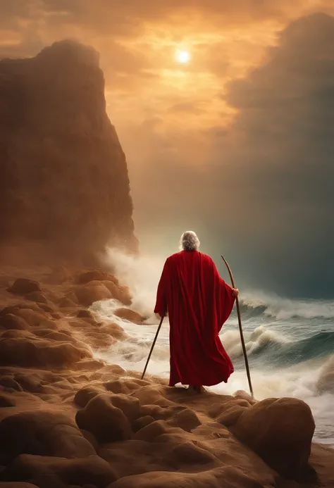 Moses, a man in a red robe and a staff is with the people of Israel behind him. Moses opens the Red Sea at dusk. The sea is divided into two columns of water and a passage of dry land in the middle. Realistic and detailed image