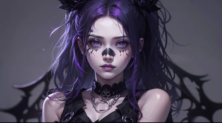 Arafins woman with purple hair and black dress poses for photo, in a halloween style, profile image, Very high quality images, 1 7 - year - old goth girl, gothgirl, 1 8 I, 18 years old, 1 7 - year - old anime goth girl, 1 6 years old, With ghostly eyes and...