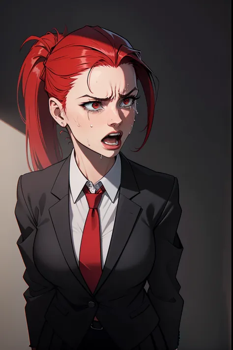 woman, red ponytail hair, wearing a black office suit, red tie,black office skirt, scared, scream, crying, dark, grey background