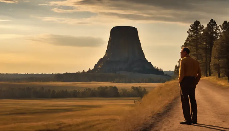 Tall and thin but bespectacled man one standing in the sun、Devils Tower