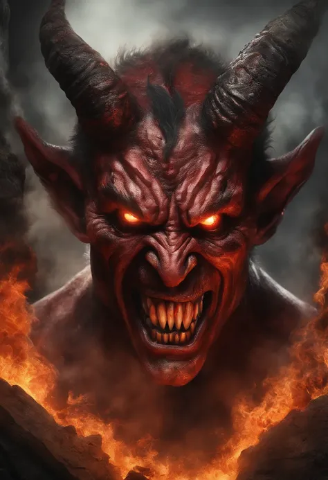 create an inper-realistic image of the devil in the middle of hell, his mouth open spewing lava on fire, his eyes and ears throwing flames;