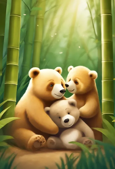 Dos adorables osos esponjoso、Playfully roll together in a sunny bamboo forest clearing, Warm lighting filtering through the leaves,. Texturizado detallado del pelaje, Ambiente natural tranquilo, soft illuminaotion. Estilo de acuarela tradicional. ●AR4:5 - ...