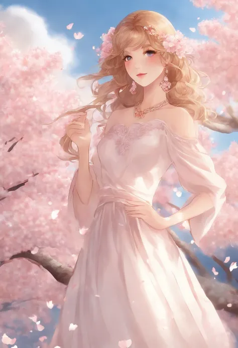 art by Cornflower, Dreamy, cherry_blossoms, Falling_petals, petals, branch, Pink_flower, 1girll,20yr old, Blue_sky, Spring_(season), petals_On_Liquid, flower, hanami, dress, (golden curly hair：1.5),Wear a wreath,sky, Outdoors, Cloud, bangs, Smile, Pink_Eye...