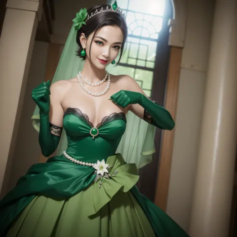 boyish very short hair, lipsticks, Japan woman smiling, Long green gloves made of satin material, emerald tiara, Pearl Necklace, verd s eyes