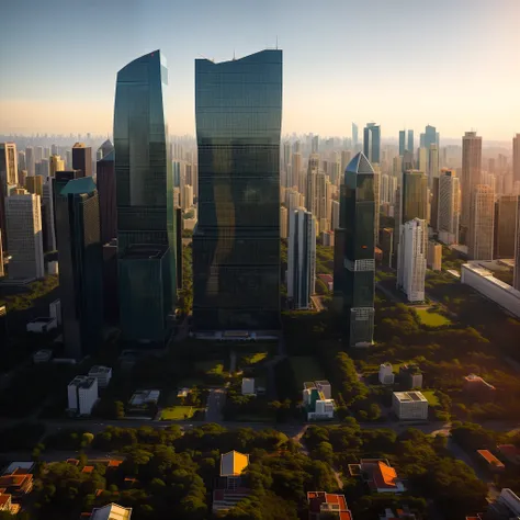 Arafficial skyscrapers in a city with a park in the foreground, Shenzhen, inspirado em Cheng Jiasui, Golden Hour em Pequim, Vista de drone de uma cidade, Directed by: Zha Shibiao, Xangai, aerial photograph of the skyscraper, Hangzhou, with tall glass skysc...