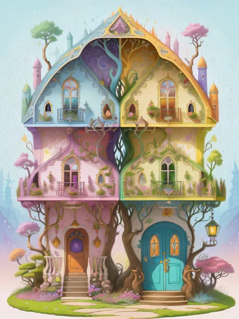 there is a drawing of a house with a cat in front of it, faery palace, colorfull illustration, fairy palace, whimsical forest, illustrated in whimsical style, colored illustration, fantasy house, elves house, colorful illustration, full color drawing, colo...