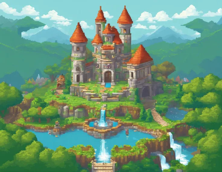 (64 bit pixel art),A game scene of a elven kingdom, green banner, white castle, water fountain, medival fantasy, cloudy sky, pixel art, game loading scene, pixel game, medival house, best quality, masterpiece, trending on Art station, extremely detailed