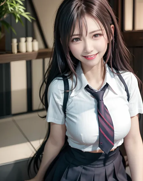 masutepiece, Best Quality, 8K, 1 Super beauty, Beautiful breasts, White shirt, blue necktie, Pleated skirt, F, Smile、Perfect balance、Perfect Style、