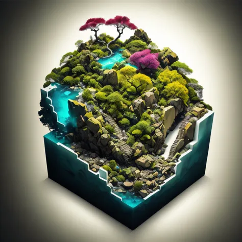 microworld render style, tiny glass cube contained, inside the cube are (cave, water, the trees) , volumetric, clouds, vibrants,...