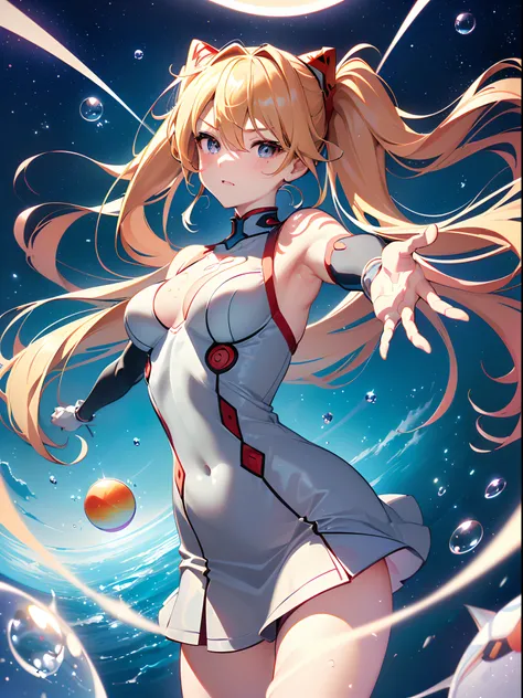 ((souryuu asuka langley,headgear,grey sundress,sexy thighs,Blonde,side twintails)),(Glowing eyes:1.233), diffuse reflection, high-profile, majestic,(outstretched hands,blushing,adorable face,cute face,vulnerable face,bishoujo,kawaii,)(Beautiful and detaile...