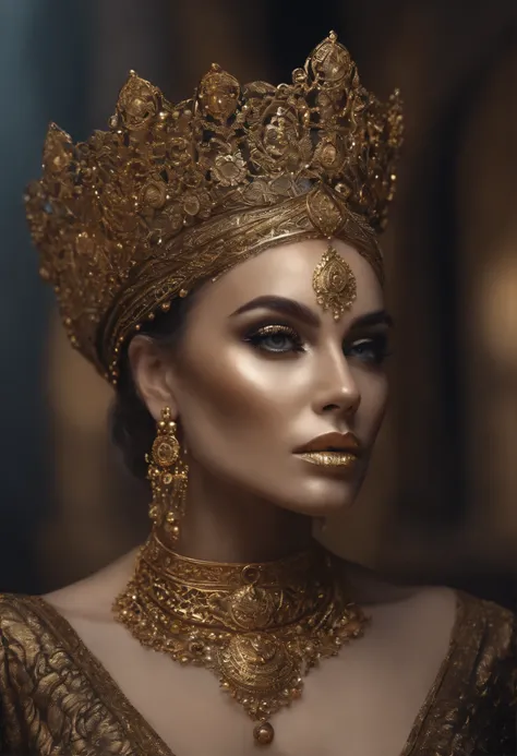 The woman wears gold and gold makeup,The style of the skull pattern,Covered with luxurious jewelry, jewelry, Luxurious, Dark white and dark bronze, Jewelry for painters and sculptors,high detailed,Realistic,hyper intricate details, 8K, cenematic lighting, ...