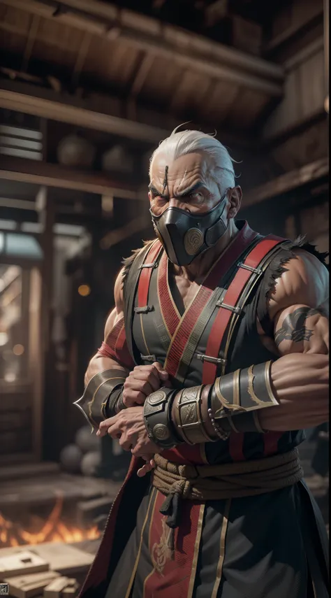 mortal kombat ninja old man character looking front, super strong, muscular,a chaotic world in the background, 35mm lens, photography, ultra details, precise texture details HDR, UHD,64K,