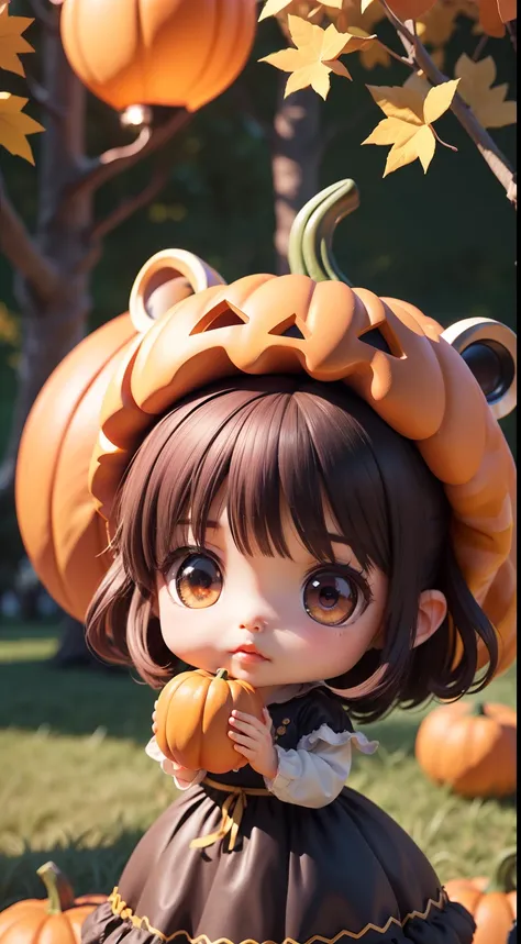 Cute baby chibi anime,(((chibi 3d))) (Best quality) (Master price)、Chibi model、Black and purple dress、Tiger head hat、Autumn in the fairytale forest、Lots of realistic pumpkins、In both hands、There is a vintage lantern