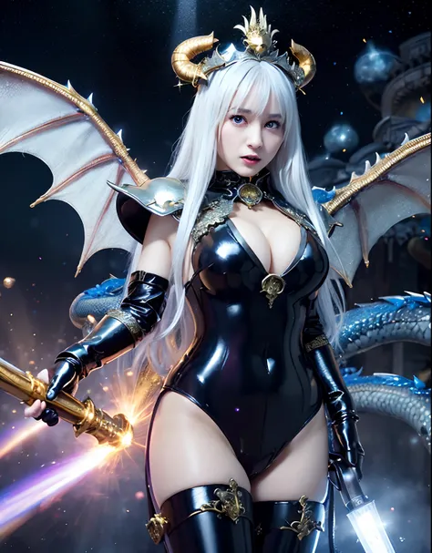 ((World of Darkness)),Professional , ​masterpiece、top-quality、photos realistic , depth of fields 、(((With a magic wand of gems))),（Dragon White Metal Body:1.9),(latexsilver-blue、（cleavage of the breast）（Fight dragons）、、(((Particles of light))),（Micro Bikin...