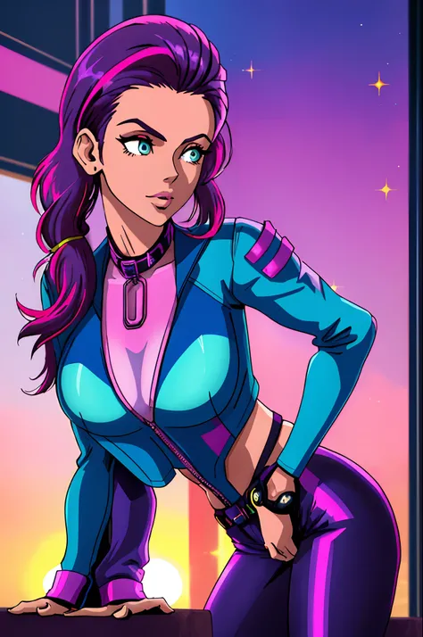 girl,grabbing wrist,(synthwave,sunset,shaded),(peaceful,chill,sparkles,indoors,outdoors,prettify),Futuristic City Background,Leaning back against a wall,Pigtail,cerulean Motorcycle Jacket,violet Jeans,LoL,Neck Leash ,(masterpiece,detailed,highres,vibrant:1...