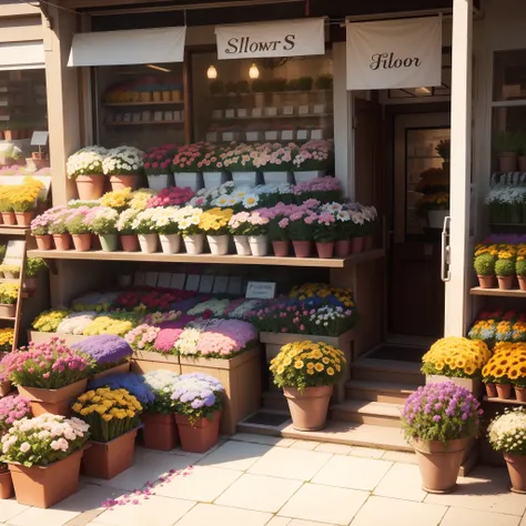 Flower shop，The front of the shop is full of flowers，Cartoon color