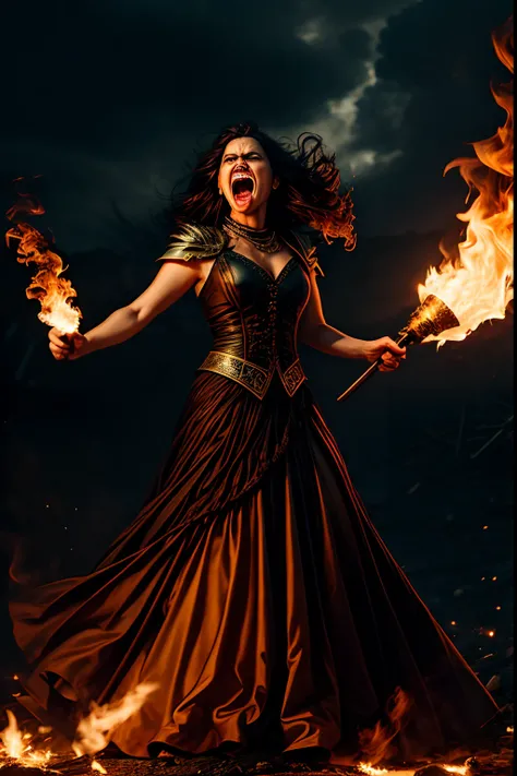 A woman who is an angry woman holding a flaming torch, screaming, background is dark sky with flames and smoke, mood is devastating, destructive, corrupting, deleterious, night time light, character design.