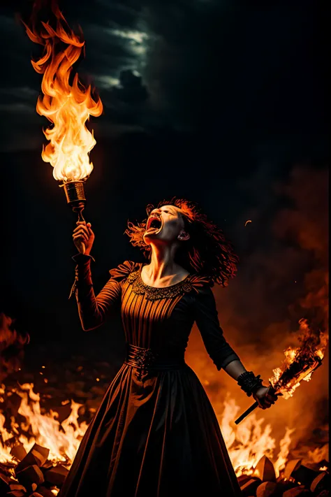 A woman who is an angry woman holding a flaming torch, screaming, background is dark sky with flames and smoke, mood is devastating, destructive, corrupting, deleterious, night time light, character design.