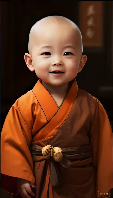 Image of a baby in a monks robe smiling Araved, lovely digital painting, portrait of monk, cute portrait, Inspired by Hu Zaobin, monk clothes, author：Yu Zheding, Beautiful character painting, color portrait, high quality portrait, buddhist monk, monk, chil...