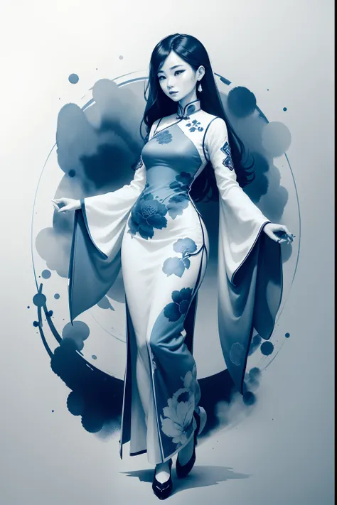 handmade drawing with indigo ink only))), a beautiful chinese woman wearing traditional dress qipao, full body, delicate and intricate pattern as background, blue and white contrast, watercolor, centered, dynamic pose, extremely detailed, sharp focus, MSch...